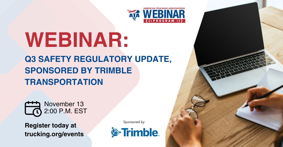 American Trucking (@truckingdotorg) on Twitter photo 🚨 Don't miss our "Q3 Safety Regulatory Update" webinar, sponsored by <a href="/Trimble_Trans/">Trimble Transportation</a>, on November 13 at 2 PM EST.
ATA’s Dan Horvath and his team will cover the latest safety and regulatory topics from the U.S. D.O.T.
Save your seat today: bit.ly/48uJsIk
#safety 🚨 Don't miss our "Q3 Safety Regulatory Update" webinar, sponsored by <a href="/Trimble_Trans/">Trimble Transportation</a>, on November 13 at 2 PM EST.
ATA’s Dan Horvath and his team will cover the latest safety and regulatory topics from the U.S. D.O.T.
Save your seat today: bit.ly/48uJsIk
#safety