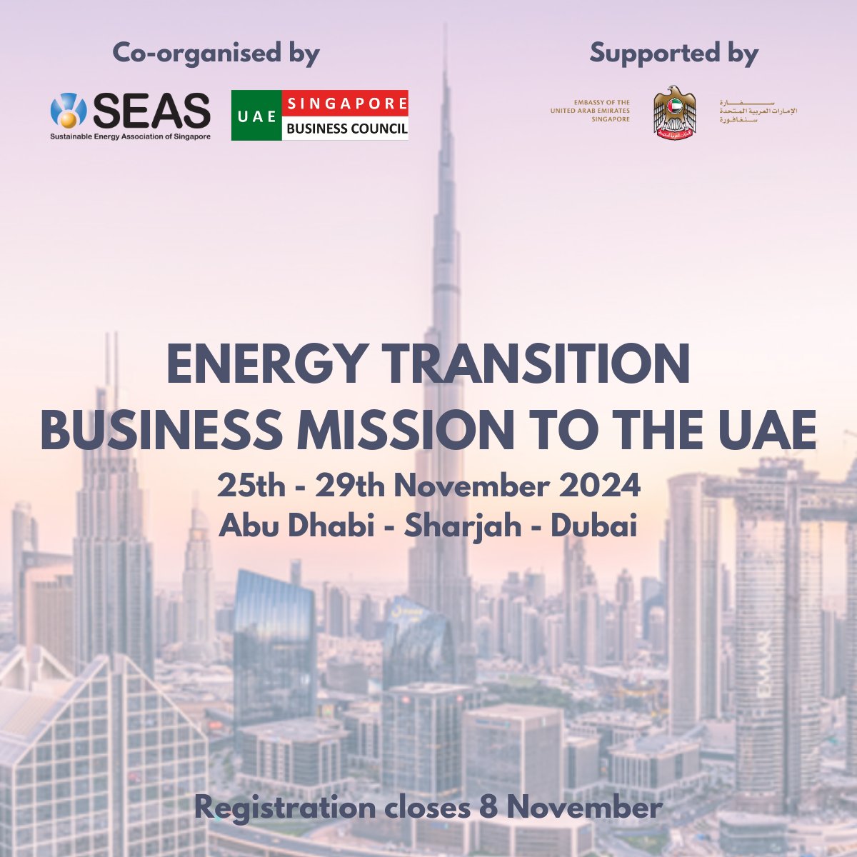 Join us on an ☀Energy Transition🌍-themed business mission to the UAE  25 - 29 Nov in collaboration with Sustainable Energy Association of Singapore (SEAS).
See the programme and register for the delegation here: lnkd.in/gan4368G
Registration closes 8 November.