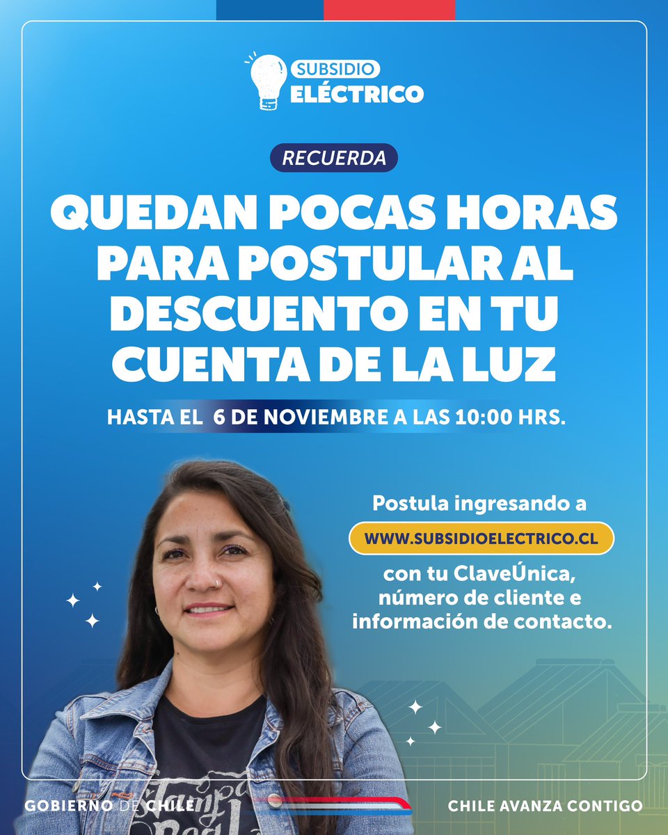 ¿Aún no postulas al #SubsidioEléctrico? 🧐⚡️

Quedan pocas horas para que solicites este beneficio, con el que las personas pertenecientes al 40% más vulnerable del RSH pueden tener descuentos en sus cuentas de la luz. 

Haz tu postulación en subsidioelectrico.cl 📲