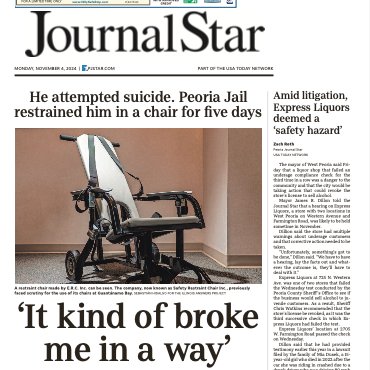 Meredith Newman (@merenewman) on Twitter photo The front page of today's <a href="/pjstar/">Journal Star</a> --->
My story about the use of restraint chairs in Peoria County Jail and how it is restraining people for longer periods of time than other Illinois jails.
In one case, a man was restrained for five days.
pjstar.com/story/news/loc⦠The front page of today's <a href="/pjstar/">Journal Star</a> --->
My story about the use of restraint chairs in Peoria County Jail and how it is restraining people for longer periods of time than other Illinois jails.
In one case, a man was restrained for five days.
pjstar.com/story/news/locā¦