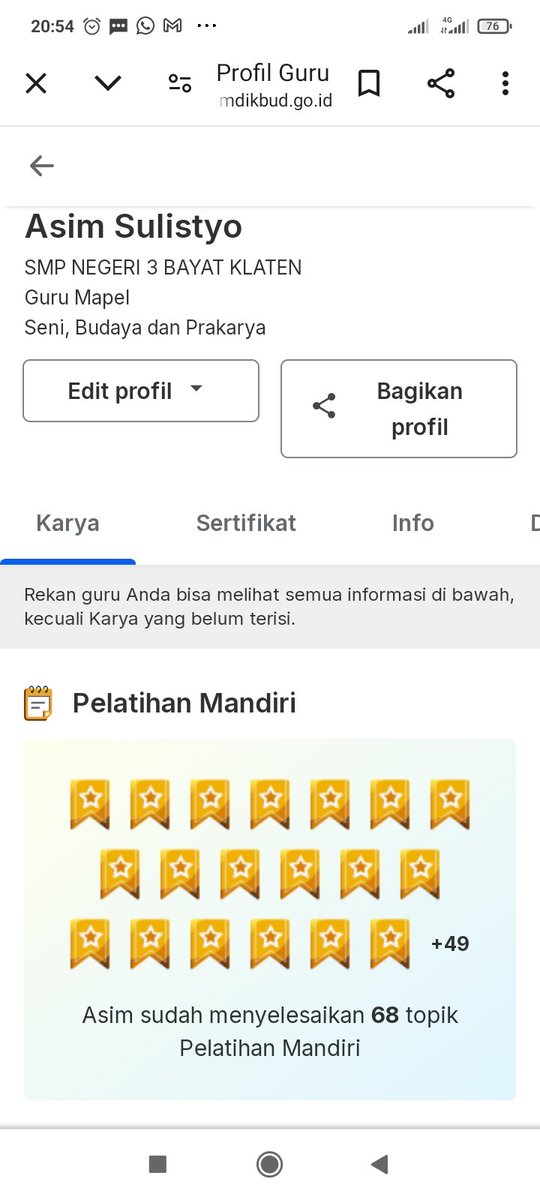 Pengibar 76 Bendera (@asimsulistyo75) on Twitter photo Meraih Sertifikat PMM terbanyak Se-Indonesia (68 sertifikat). Asim Sulistyo, S.Pd. guru SMPN 3 Bayat, Klaten, Jawa Tengah.
<a href="/Kemdikbud_RI/">kemdikbud go id</a>
<a href="/disdikklt/">Dinas Pendidikan Klaten</a>
<a href="/pdkjateng/">Dinas Pendidikan & Kebudayaan Provinsi Jawa Tengah</a>
@Itjen_Kemdikbud
<a href="/bbppmpvsb/">BBPPMPV Seni dan Budaya Kemendikdasmen</a>
@GuruDikdas_GTK Meraih Sertifikat PMM terbanyak Se-Indonesia (68 sertifikat). Asim Sulistyo, S.Pd. guru SMPN 3 Bayat, Klaten, Jawa Tengah.
<a href="/Kemdikbud_RI/">kemdikbud go id</a>
<a href="/disdikklt/">Dinas Pendidikan Klaten</a>
<a href="/pdkjateng/">Dinas Pendidikan & Kebudayaan Provinsi Jawa Tengah</a>
@Itjen_Kemdikbud
<a href="/bbppmpvsb/">BBPPMPV Seni dan Budaya Kemendikdasmen</a>
@GuruDikdas_GTK