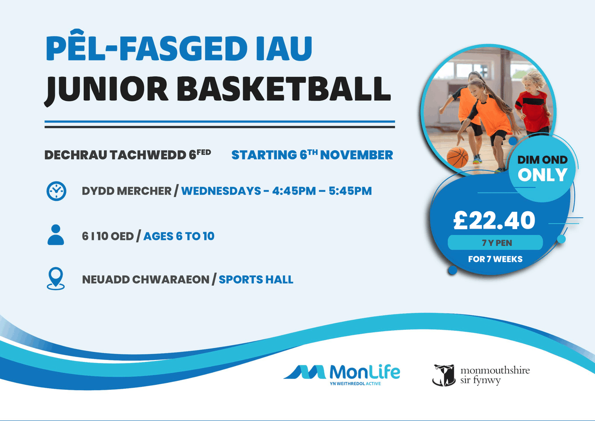 Ymunwch â ni ar gyfer Pêl-Fasged Iau yng Nghanolfan Hamdden Cas-gwent! ⚽
Join us for Junior Basketball at Chepstow Leisure Centre! ⚽

Dewch draw i chwarae rhan! FFONIWCH NAWR : 01633 644800
Come and get involved! CALL US NOW : 01633 644800