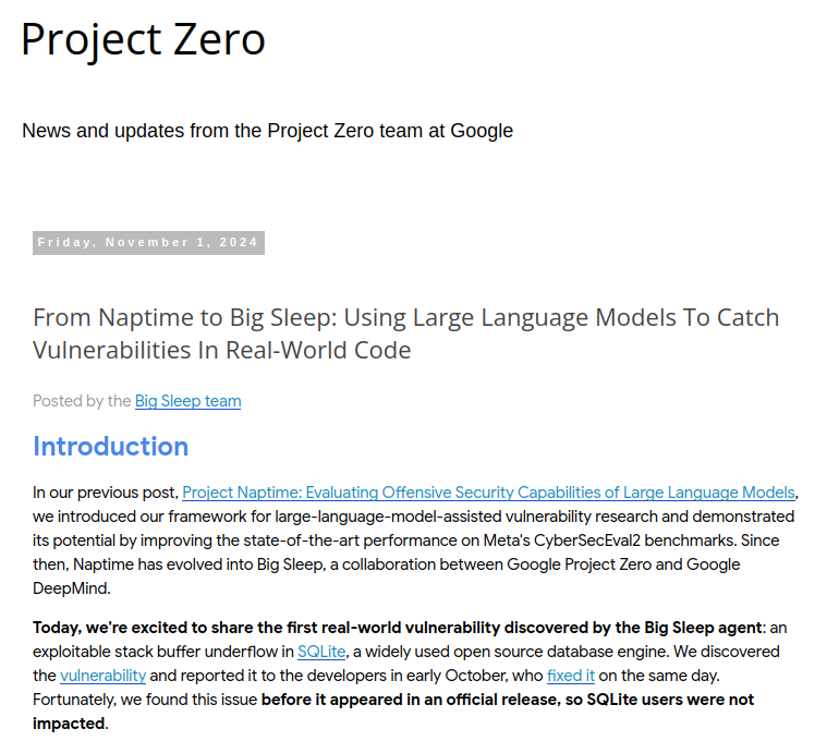 ortegaalfredo's tweet photo. Project Zero: "...this is the first public example  of an AI agent finding a previously unknown exploitable memory-safety  issue in widely used real-world software"

This was first (OpenSSL, Oct 16): https://t.co/FXiIkMYwt7 
And mine too (OpenBSD, Apr 1): https://t.co/E9We40vEGe https://t.co/x7GKfK3irc