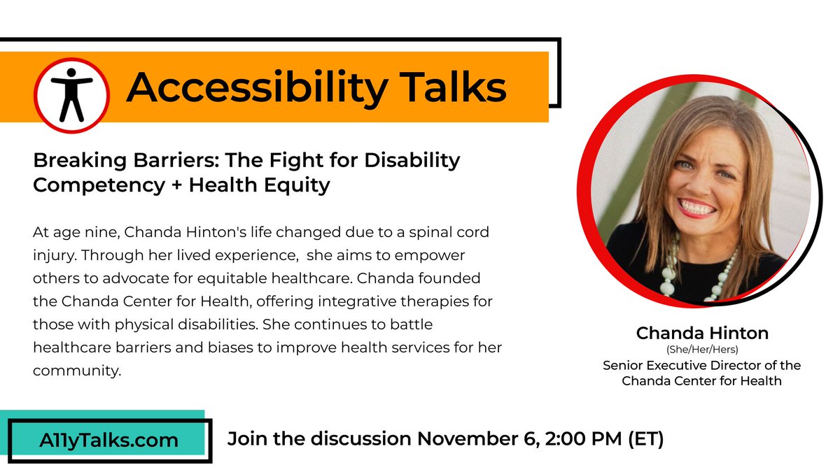 A11YTalks's tweet image. Join us this Wednesday, November 6th at 2pm ET for “Breaking Barriers: The Fight for Disability Competency + Health Equity” with Senior Executive Director of the Chanda Center for Health.

a11ytalks.com/posts/2024-nov
#A11y #Accessibility #A11yTalks #Health #Healthcare