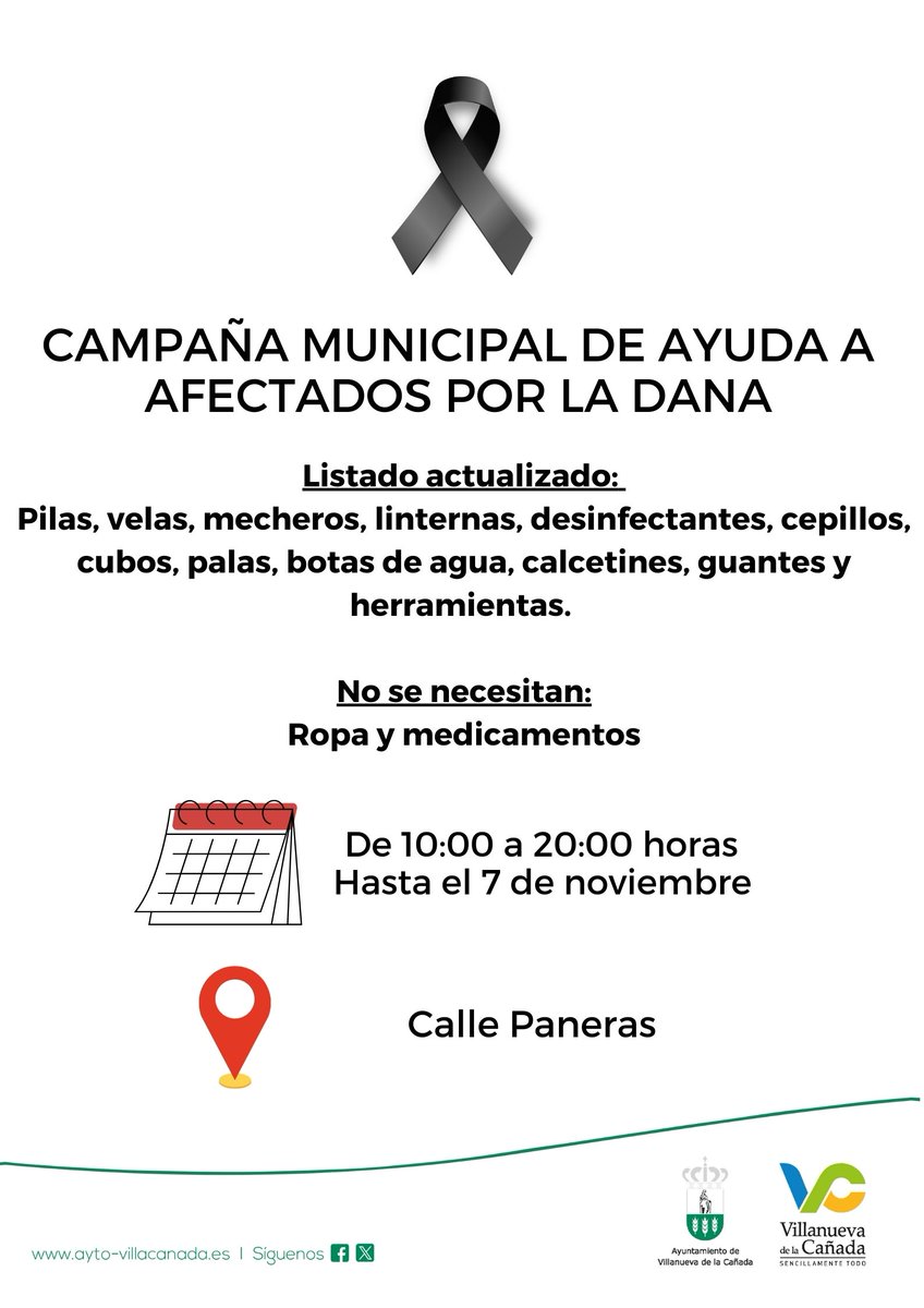 Os dejamos el listado actualizado de los productos más necesarios para los afectados por la #DANA. El punto de recogida habilitado por el Ayuntamiento está abierto en horario de 10:00 a 20:00 horas en la C/ Paneras.