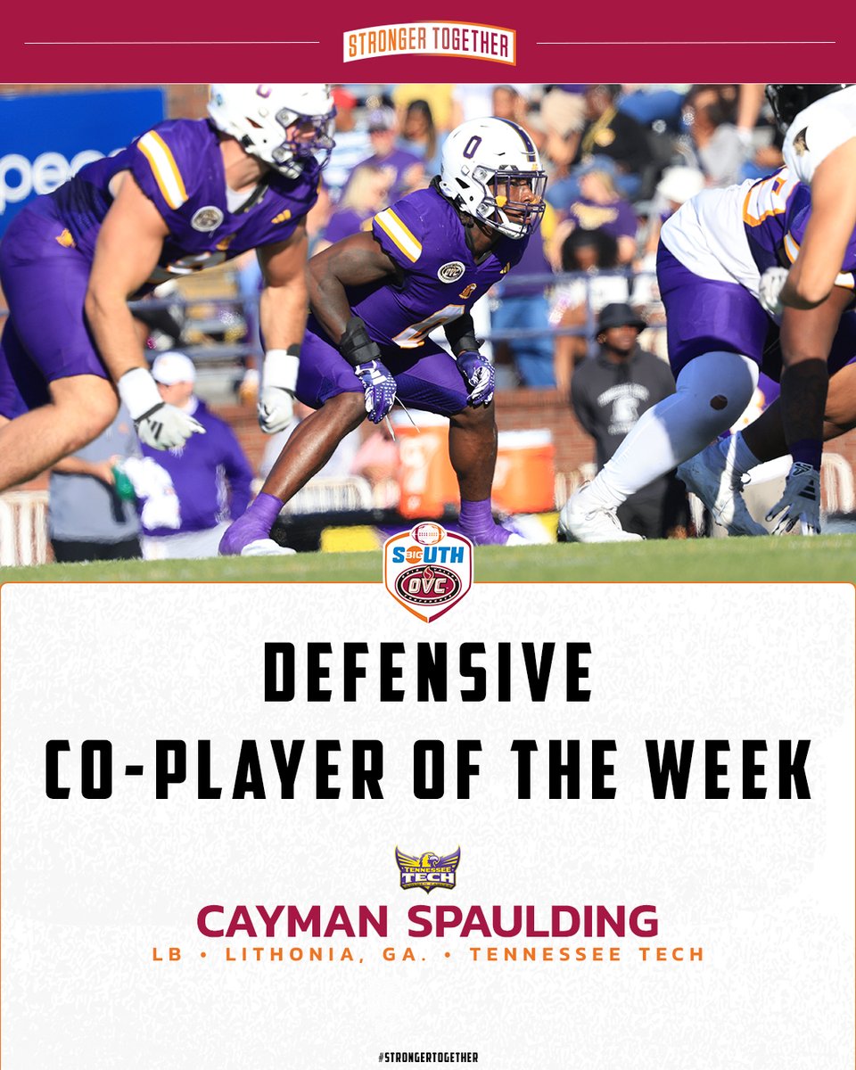 OVC-Big South Football Association (@bigsouthovcfb) on Twitter photo He had six tackles, 2.5 TFL, a sack and a 2⃣9⃣-yard pick-six in a dominant Homecoming victory over Lindenwood.
<a href="/TNTechFootball/">TTU Football</a>'s Cayman Spaulding (<a href="/3cspaulding/">Cayman Spaulding</a>) is the #BigSouthOVCFB Defensive Co-Player of the Week! He had six tackles, 2.5 TFL, a sack and a 2⃣9⃣-yard pick-six in a dominant Homecoming victory over Lindenwood.
<a href="/TNTechFootball/">TTU Football</a>'s Cayman Spaulding (<a href="/3cspaulding/">Cayman Spaulding</a>) is the #BigSouthOVCFB Defensive Co-Player of the Week!