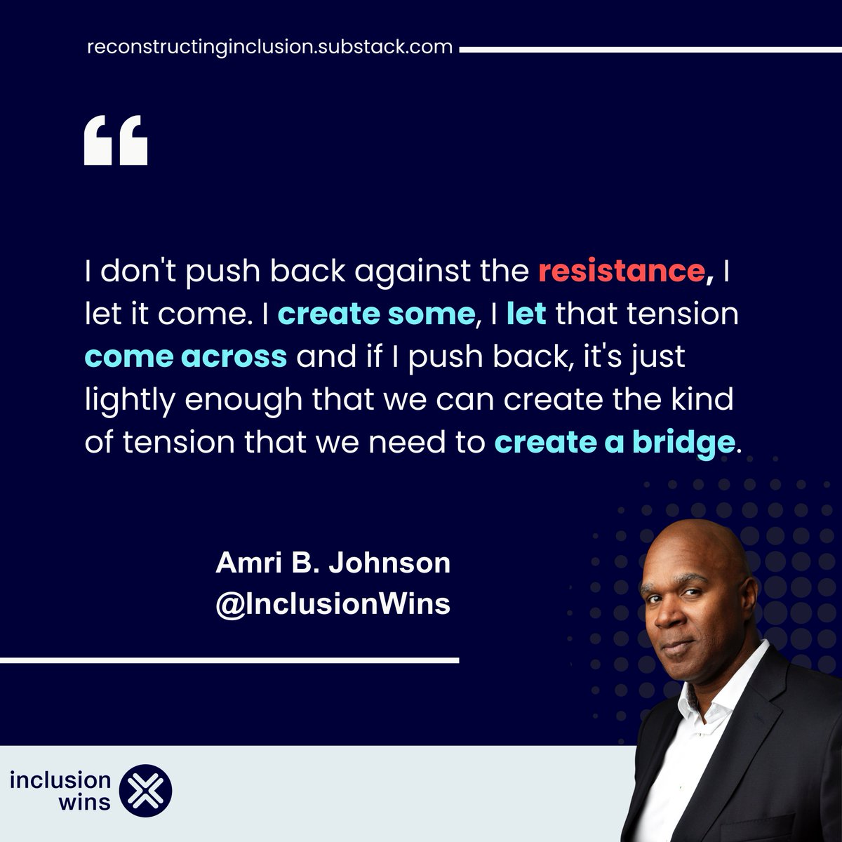 #Tension is the catalyst for transformation. 🤼 🦋

Find balance in the push and pull. 🫸🏼⚖️🫷🏼

Optimize your #viewpoints towards #DEI practices with <a href="/AmriJohnson/">Amri B. Johnson</a> and <a href="/inclusion_wins/">Inclusion Wins</a> !

#ReconstructingInclusion #InclusionWins #leadership #diversity #innovation #career