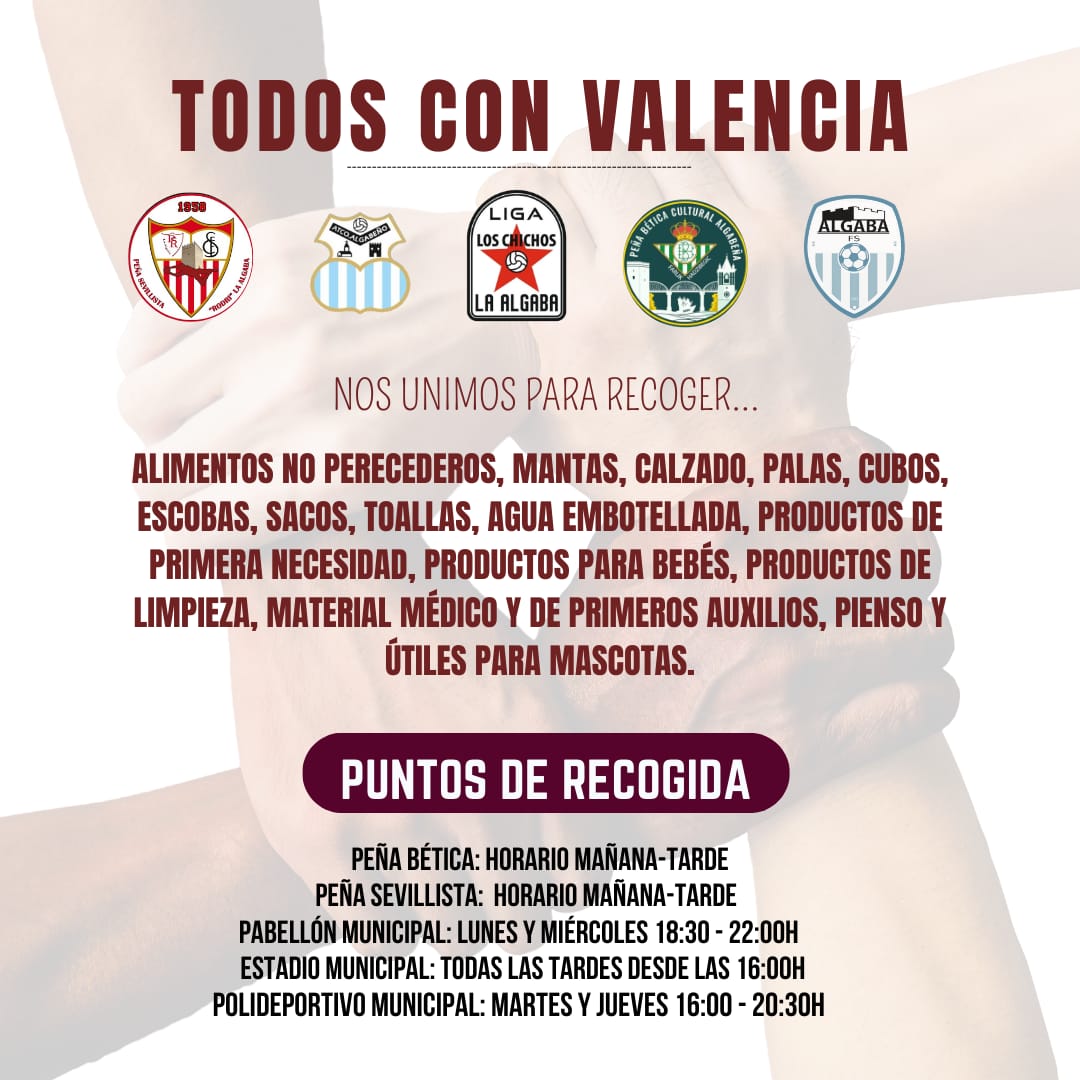 Desde el fútbol algabeño queremos ayudar en lo que podamos a Valencia. Os dejamos lugares de recogidas. A parte el próximo Sábado 9/11 a partir de las 15:30 jugaremos la siguiente jornada donde también podréis aportar lo que queráis.