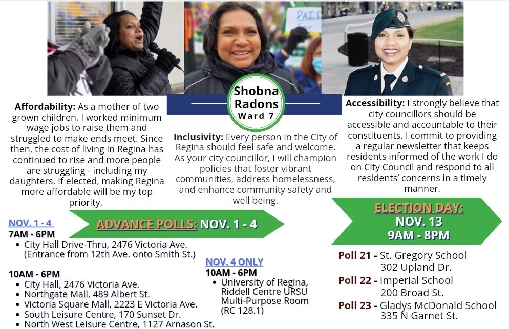 Advance Polls - last day today Nov 4th till 6:00 pm #ReginaVotes #ElectionsRegina #shobnaradonsyqrcc #CommunitySupport 
Elections Day November 13 see attached details.