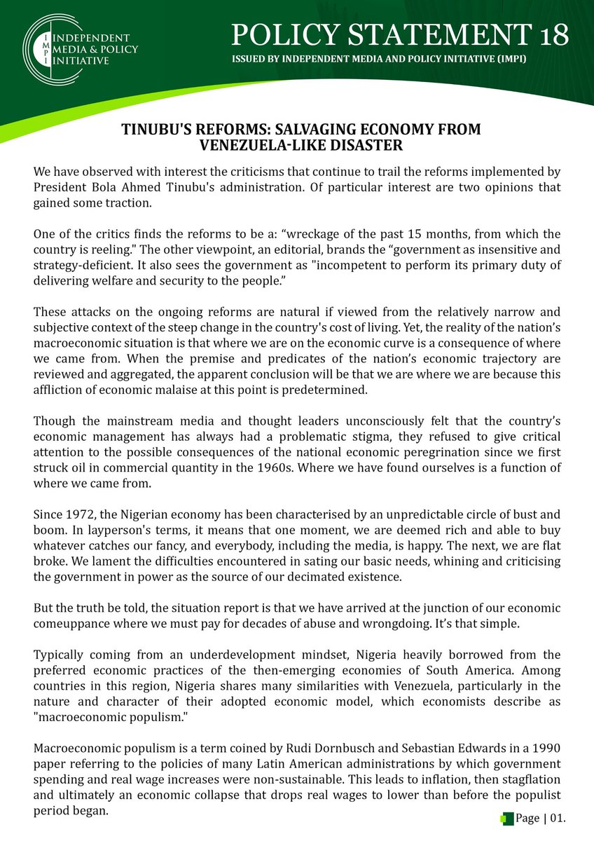 IMPINigeria's tweet photo. President Bola Tinubu's economic reforms have received our backing at The Independent Media and Policy Initiative (IMPI). We believe these reforms are crucial to preventing an economic crisis similar to Venezuela's. Despite criticism, the positive results of Tinubu's policies, including:

- Rising Tax Revenue: Increases in VAT and Company Income Tax
- Increased Foreign Exchange Inflows: Improved supply of foreign exchange, benefiting businesses and consumers
- Manufacturing Adaptation: Companies adjusting to high-interest rates
- Improved Financial Performance: Enhanced economic growth in various sectors

It is our belief that these reforms will lead to a more market-driven economy, reducing Nigeria's reliance on oil exports and promoting sustainable economic growth.

The World Bank has also recognized Nigeria's efforts, approving a $2.25 billion financing package to support economic stabilization and growth initiatives. 

This package aims to deliver key public goods like reliable power, clean energy, girls' education, and women's economic empowerment.