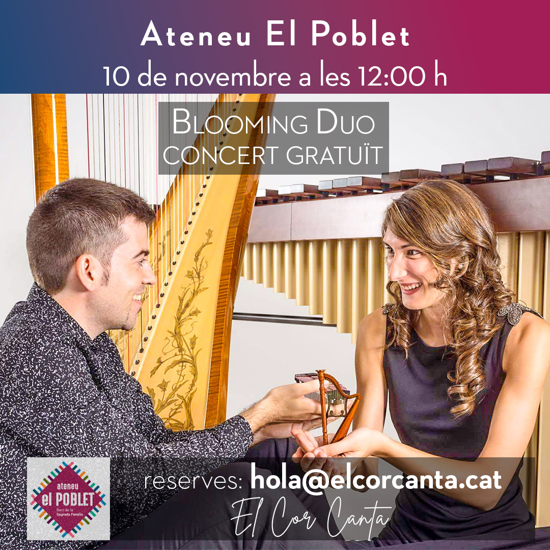 El Cor Canta (@elcorcanta) on Twitter photo Volem compartir aquest concert amb tu. Diumenge 10 de nov. a les 12h <a href="/Blooming_duo/">BloomingDuo</a> , amb <a href="/Esther_pinyol/">Esther 🎗</a>, arpa, i <a href="/Ferrancarceller/">Ferran Carceller Amorós 🎗</a>, marimba.
🎟reserves: hola@elcortcanta.cat
📍 <a href="/AteneuElPoblet/">Ateneu El Poblet</a> C/ Nàpols 268
💰 Gratuït amb taquilla inversa.
🪑Aforament limitat Volem compartir aquest concert amb tu. Diumenge 10 de nov. a les 12h <a href="/Blooming_duo/">BloomingDuo</a> , amb <a href="/Esther_pinyol/">Esther 🎗</a>, arpa, i <a href="/Ferrancarceller/">Ferran Carceller Amorós 🎗</a>, marimba.
🎟reserves: hola@elcortcanta.cat
📍 <a href="/AteneuElPoblet/">Ateneu El Poblet</a> C/ Nàpols 268
💰 Gratuït amb taquilla inversa.
🪑Aforament limitat