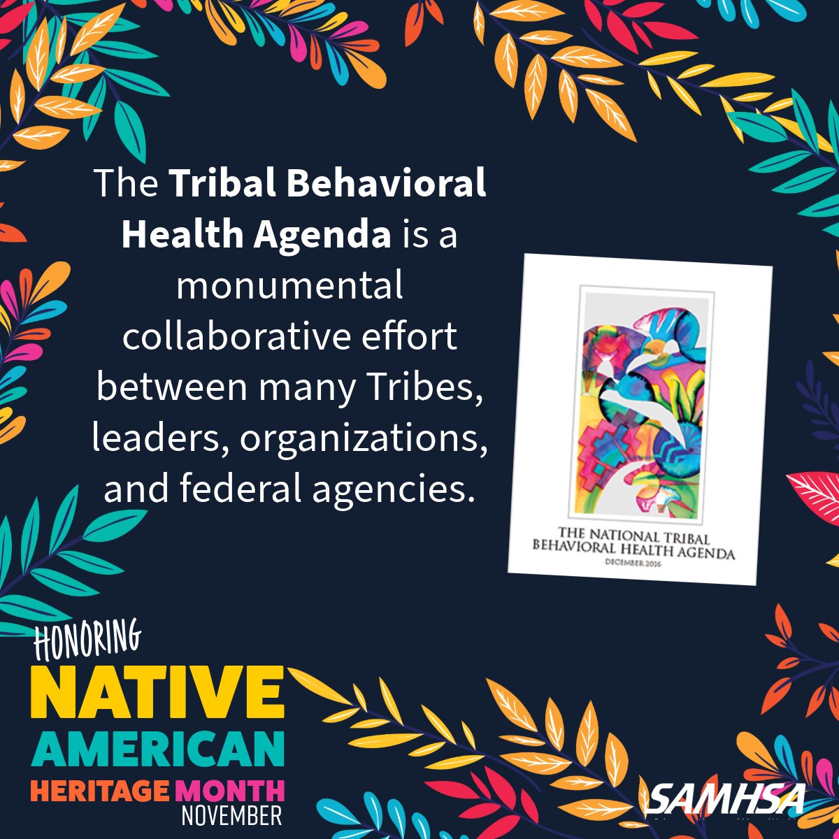 samhsagov's tweet image. November is #NativeAmericanHeritageMonth Learn what SAMHSA is doing to address #MentalHealth and substance use issues through the National Tribal Behavioral Health Agenda and other initiatives: samhsa.gov/tribal-affairs…  #NativeHealth #NAHM