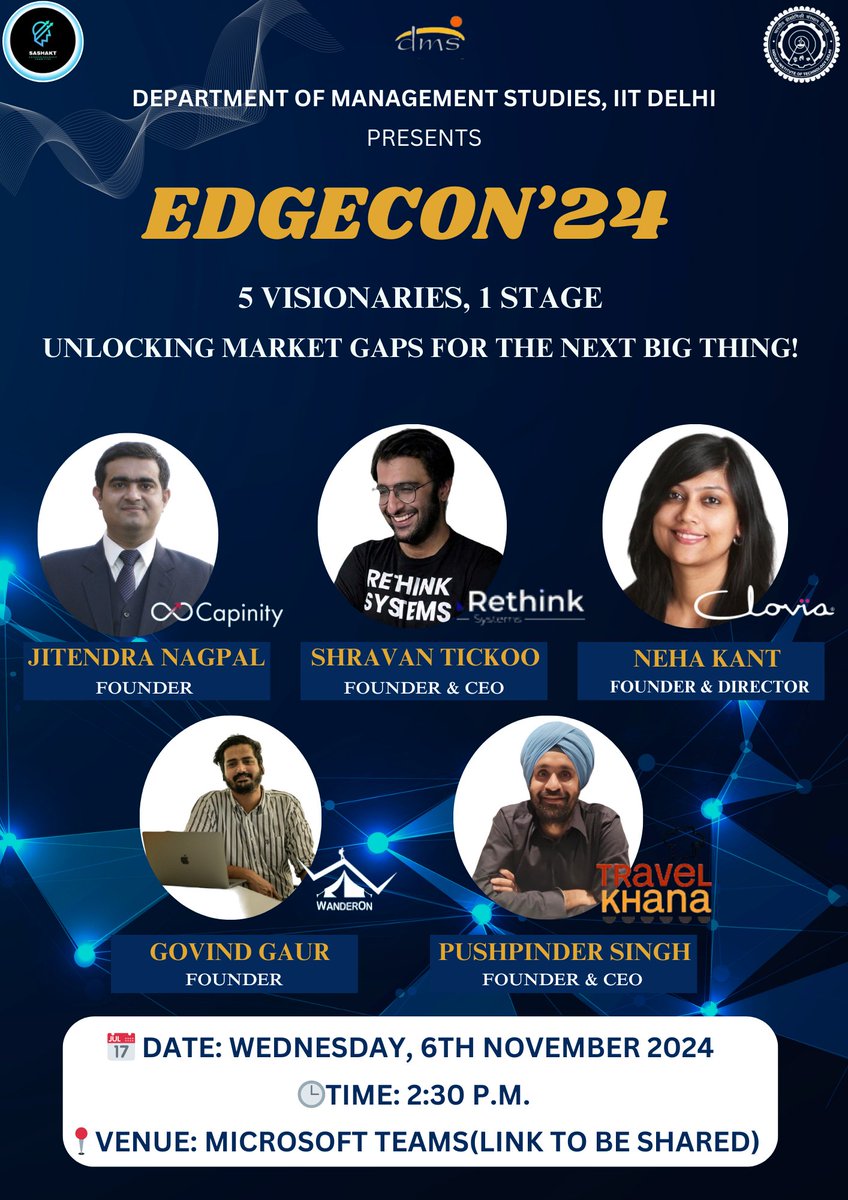ecom_dmsiitd's tweet photo. Unleash innovation! Join Sashakt's conclave on "Disruptive Innovation" with industry leaders Neha Kant, Shravan Tickoo, Jitendra Nagpal, Pushpinder Singh &amp; Govind Gaur!
Date: 6 Nov 2024
Time: 2:30 PM
Venue: Microsoft Teams
#DisruptiveInnovation #Entrepreneurship #Sashakt https://t.co/bSK0VD7hkt