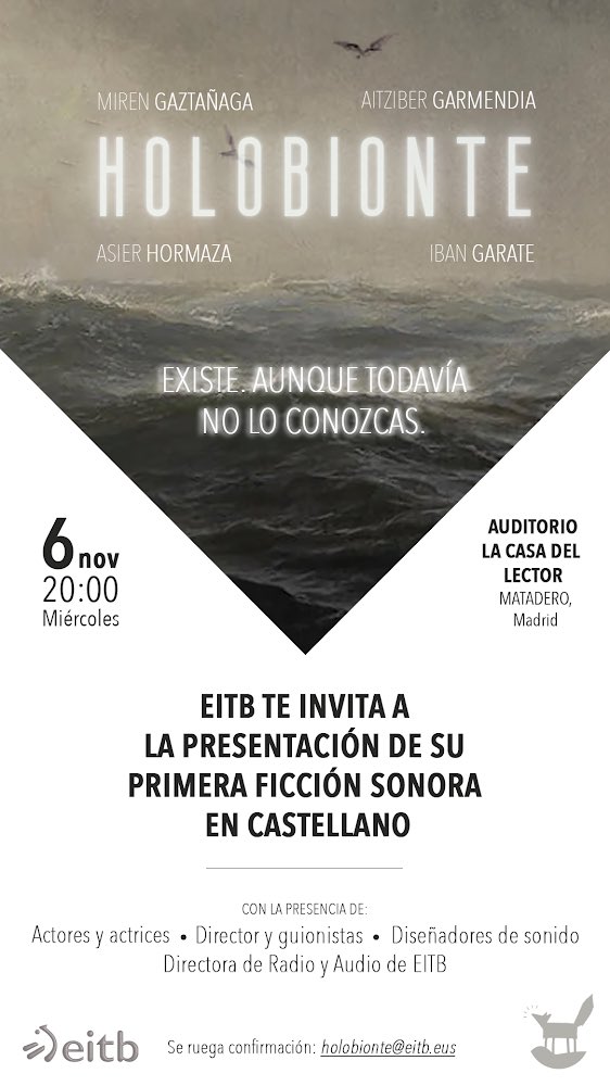ULU Media🎙️ (@ulumedia) on Twitter photo ¡Madrid!
El miércoles, 6 de noviembre, a las 20:00 prestentamos en la Casa del Lector de <a href="/mataderomadrid/">mataderomadrid</a> la primera temporada de la ficción sonora Holobionte.
Con la participación de actores, equipo técnico y musical.
¡Estáis invitadas! ¡Madrid!
El miércoles, 6 de noviembre, a las 20:00 prestentamos en la Casa del Lector de <a href="/mataderomadrid/">mataderomadrid</a> la primera temporada de la ficción sonora Holobionte.
Con la participación de actores, equipo técnico y musical.
¡Estáis invitadas!