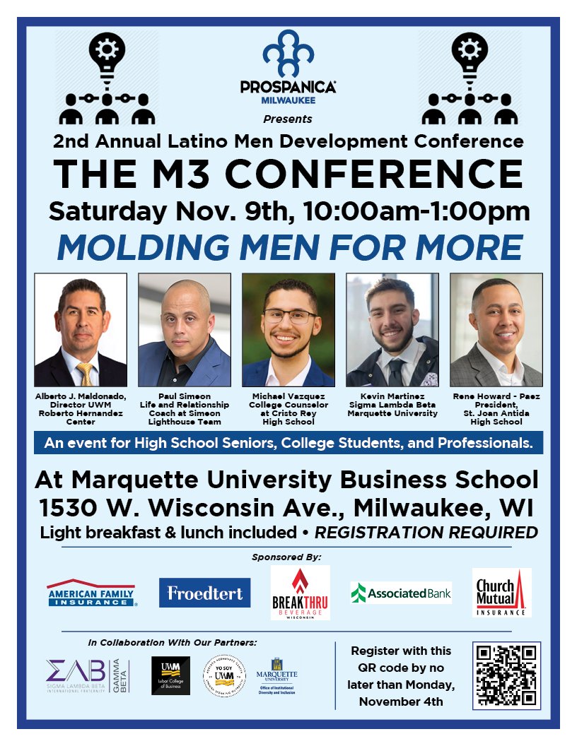 Join us at Prospanica Milwaukee’s second annual Latino Men Development Conference for a day of networking and insightful development sessions. Visit @AmFam's table Nov. 9 and discover our career opportunities. bit.ly/4hqOIRm  #iWork4AmFam