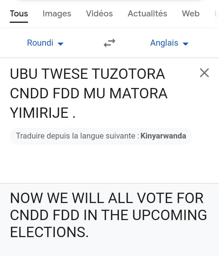 nyandwip264's tweet photo. Burundi bwacu, ikirundi cacu!

Abipfuza guhindura amajambo atari m'ururimi kavukire bayashira m'ururimi kavukire, gutyo gutyo, birashoboka.
Eka wipfuza no kugira #ubushakashatsi mu kirundi ni akanya isase.
Andika ijambo "#Roundi" muri Google translate uheze uhindure ivyo wipfuza! https://t.co/jxEki8pNwM