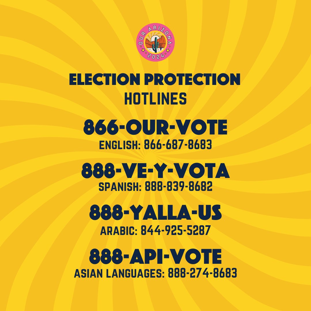 Voting in person tomorrow? Know your rights. ✊🏽

TOMORROW is Election Day in Arizona! Polls will be open from 6am to 7pm. ✅

➡️ If you are in line by 7pm, you have the right to vote! Stay in line and make your voice heard. 

Issues voting? electionprotectionaz.org🤙🏽