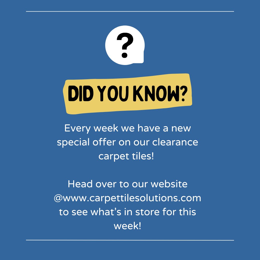 Did you know?🤔You can check our website each week to see the latest special offer on one of our clearance carpet tiles? 

Head over to carpettilesolutions.com today to see what this week has to offer! 

#carpettiles #flooring #commercialflooring #officefloors #schools