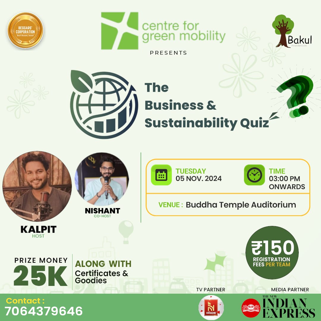 GreenMobilityIN's tweet photo. Excited to launch Odisha’s 1st Business Sustainability Quiz! At the @GreenMobilityIN, we aim to spark discussions on green mobility &amp; sustainability. Join us on Nov 5, 2024, to dive into challenges, learn, and shape future leaders who prioritize sustainability! #CGM #NetZero https://t.co/BVUdQeTI9e