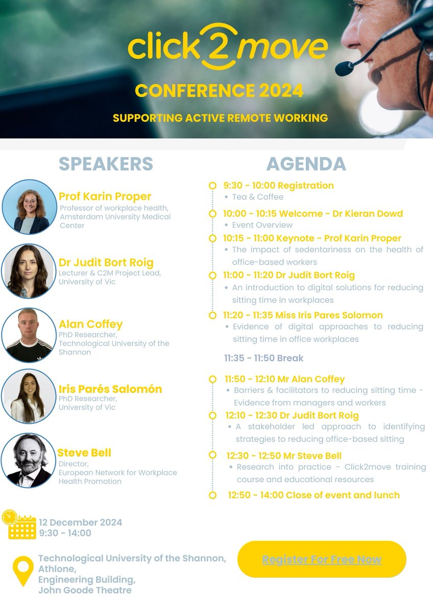 Kieran Dowd (@reddowdy84) on Twitter photo Some places still available for the FREE Click2Move Supporting Active Remote Working event <a href="/TUS_Athlone_/">TUS Athlone Campus</a> on Dec 12th. Opportunity for office managers, occupational health workers and office staff to learn more about reducing sitting time. Register here: shorturl.at/dWDdG Some places still available for the FREE Click2Move Supporting Active Remote Working event <a href="/TUS_Athlone_/">TUS Athlone Campus</a> on Dec 12th. Opportunity for office managers, occupational health workers and office staff to learn more about reducing sitting time. Register here: shorturl.at/dWDdG