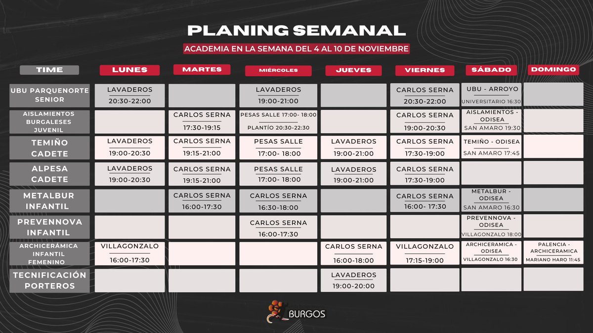 🗓️ ¡Nueva semana, nuevos retos para nuestra Academia!⚔️

👉Aquí os dejamos el calendario con los entrenamientos y partidos de cada equipo. 🤾‍♂️

#BalonmanoBurgos #OrgulloCidiano