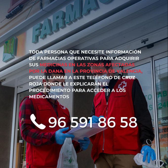 💊⛑️ <a href="/GVAsanitat/">GVA Sanitat</a> <a href="/CruzRojaVLC/">Cruz Roja en Valencia</a> <a href="/micofvlc/">Micofvlc</a> ha habilitado el número de teléfono ☎️965 918 658☎️ para facilitar el acceso de los pacientes crónicos que se encuentren en zonas afectadas por la DANA en Valencia a los medicamentos que necesitan y tienen prescritos

Más info:
