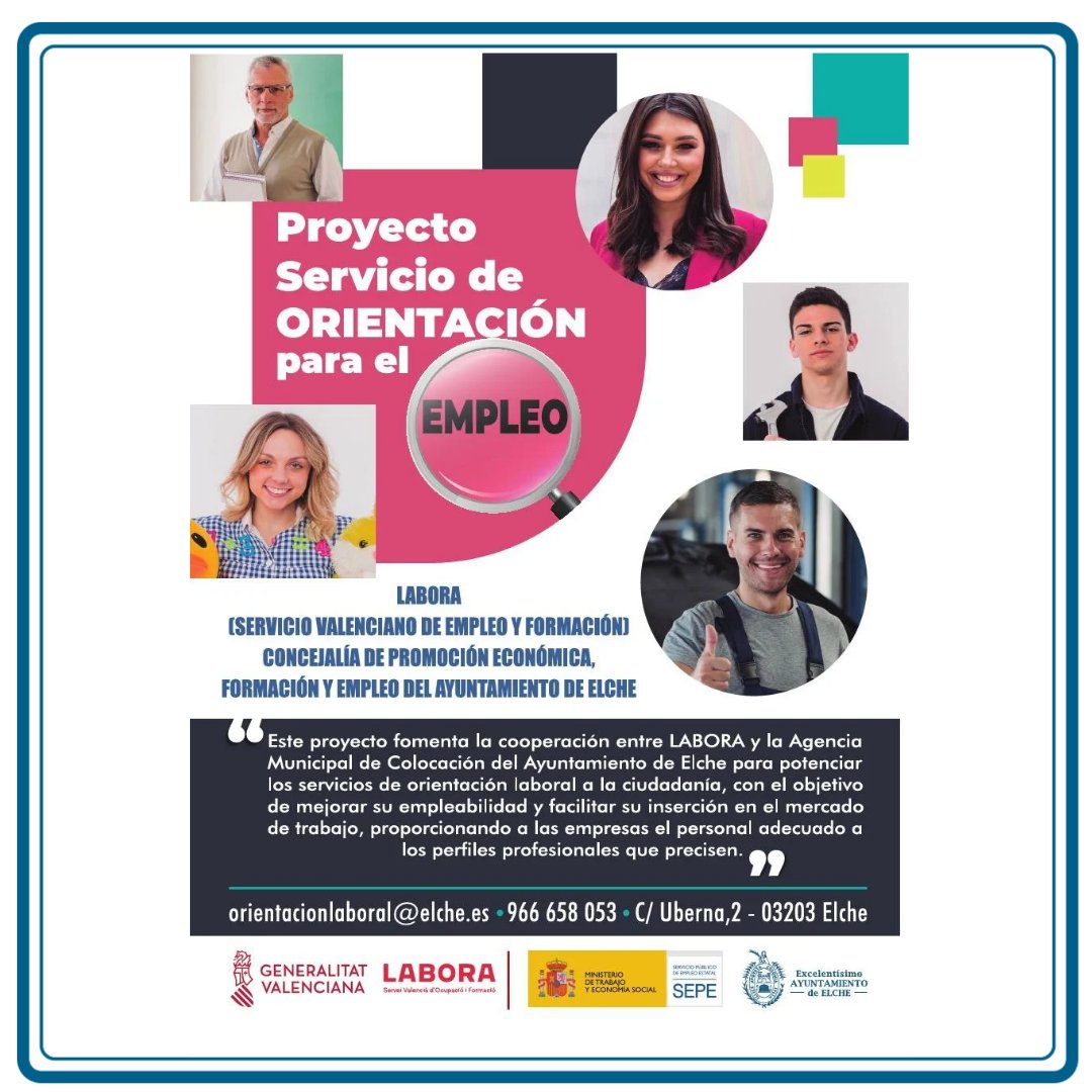 🌟 ¡Impulsando el Futuro Laboral en Elche! 🌟
Programa de Orientadores Laborales, en colaboración Labora y la Agencia Municipal de Colocación del Ayuntamiento de Elche
💼🔗 Más información: Agencia Municipal de Colocación en c/Uberna nº 2 Elche
#Elche #OrientaciónLaboral #Empleo