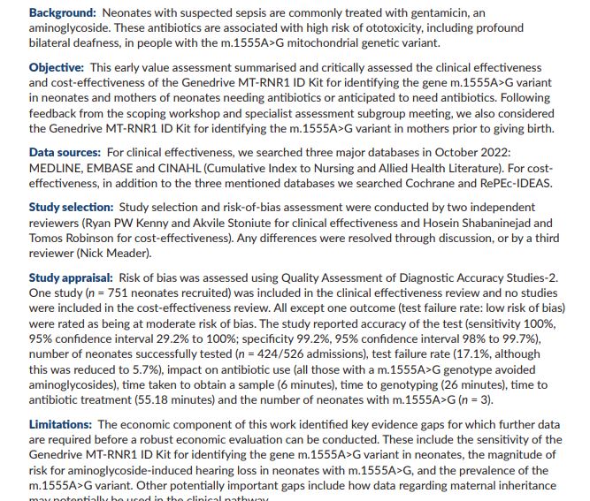 Health Economics & Evidence Synthesis NCL (@heconevsynncl) on Twitter photo New #HTA report: Genedrive kit for detecting single nucleotide polymorphism m.1555A>G in neonates and their mothers: #systematicreview and cost-effectiveness analysis by Shabaninejad et al <a href="/RyanPWKenny/">Ryan PW Kenny</a> @TomosRobinson1 <a href="/Akvile_01/">Akvile</a> <a href="/FionaBeyer/">Fiona Beyer</a>: shorturl.at/CryiM <a href="/NIHRresearch/">National Institute for Health and Care Research</a> New #HTA report: Genedrive kit for detecting single nucleotide polymorphism m.1555A>G in neonates and their mothers: #systematicreview and cost-effectiveness analysis by Shabaninejad et al <a href="/RyanPWKenny/">Ryan PW Kenny</a> @TomosRobinson1 <a href="/Akvile_01/">Akvile</a> <a href="/FionaBeyer/">Fiona Beyer</a>: shorturl.at/CryiM <a href="/NIHRresearch/">National Institute for Health and Care Research</a>