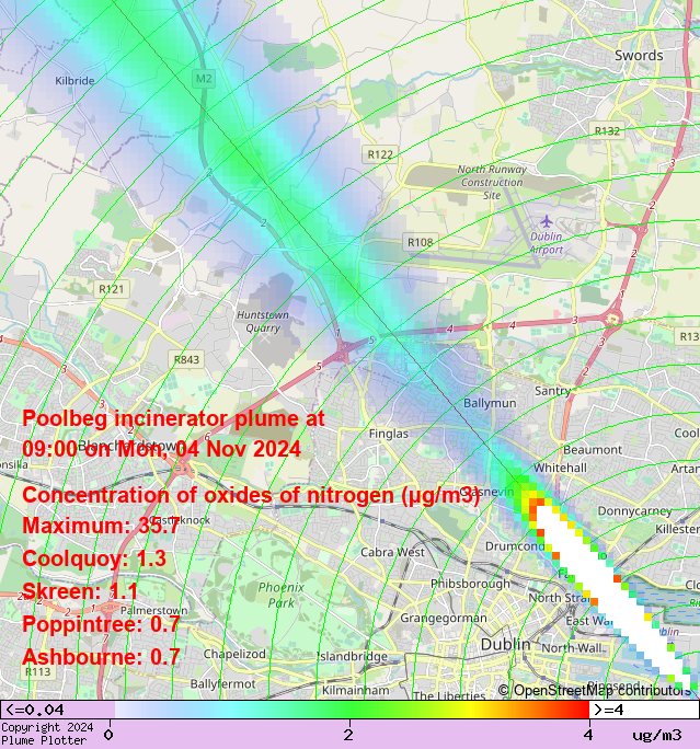 plumeplotter's tweet photo. Latest Poolbeg incinerator plume plot, 09:00 04/11/24 #Coolquoy #Skreen #Poppintree https://t.co/poGzwjcygJ https://t.co/FFt9UasgTr