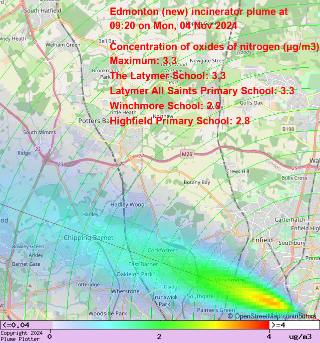 Latest Edmonton (new) incinerator plume plot,  09:20 04/11/24 #WinchmoreHill #Southgate #Oakwood  plumeplotter.com/edmonton/