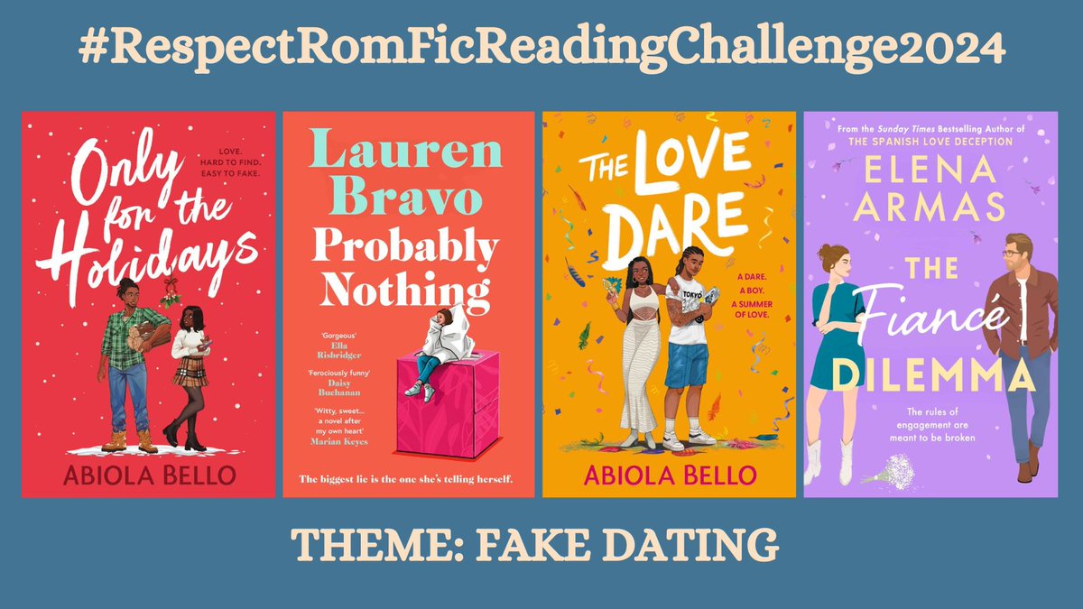 Sara-Jade Virtue (@bookminxsjv) on Twitter photo It’s FAKE DATING week – the most googled trope in the #romancenovels landscape - and whether you love ‘em or hate ‘em, they’re arguably hotter than Icons week on Strictly!
We’re recommending <a href="/ABelloWrites/">Abiola Bello</a> <a href="/laurenbravo/">Lauren Bravo 🚨 PROBABLY NOTHING IS OUT NOW 🚨</a> <a href="/elenaarmasbooks/">elena armas ❥</a> for #RespectRomFicReadingChallenge2024. It’s FAKE DATING week – the most googled trope in the #romancenovels landscape - and whether you love ‘em or hate ‘em, they’re arguably hotter than Icons week on Strictly!
We’re recommending <a href="/ABelloWrites/">Abiola Bello</a> <a href="/laurenbravo/">Lauren Bravo 🚨 PROBABLY NOTHING IS OUT NOW 🚨</a> <a href="/elenaarmasbooks/">elena armas ❥</a> for #RespectRomFicReadingChallenge2024.