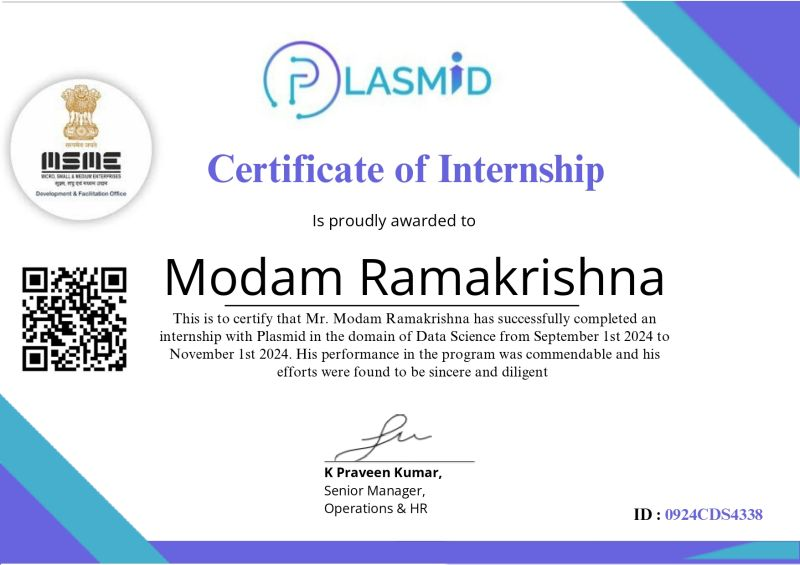 🌟Grateful for an Incredible Learning Journey!🌟
I’m thrilled to share that I have successfully completed my Data Science internship at Plasmid During this time, I had the opportunity to work on real-world projects, hone my data science skills, and gain invaluable into #plasmid