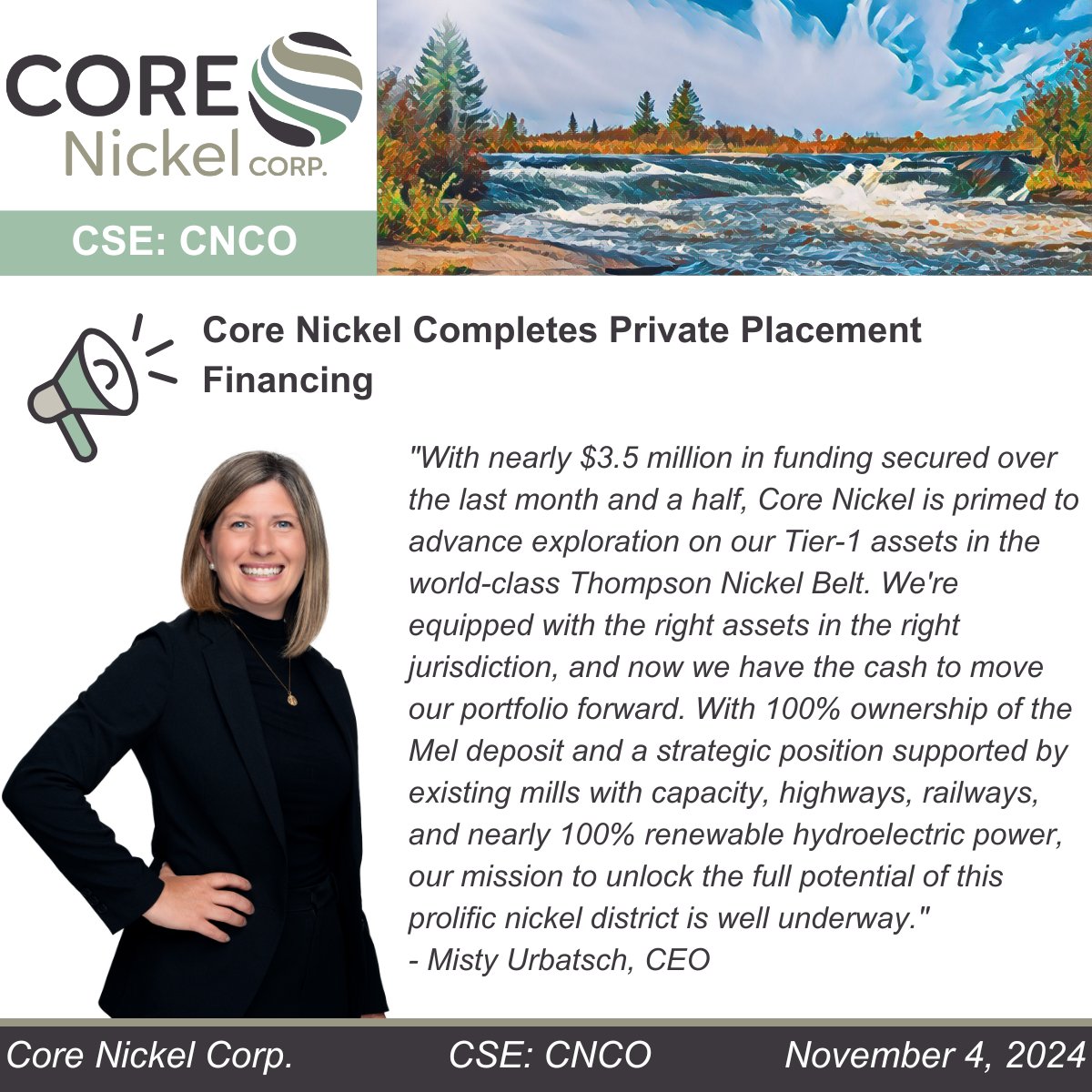 Core Nickel Completes Private Placement Financing

In nearly a month and a half, Core Nickel has secured almost $3.5 million in funding. The team is primed to advance exploration on our Tier-1 assets in the world-class Thompson Nickel Belt.

See full news release here: