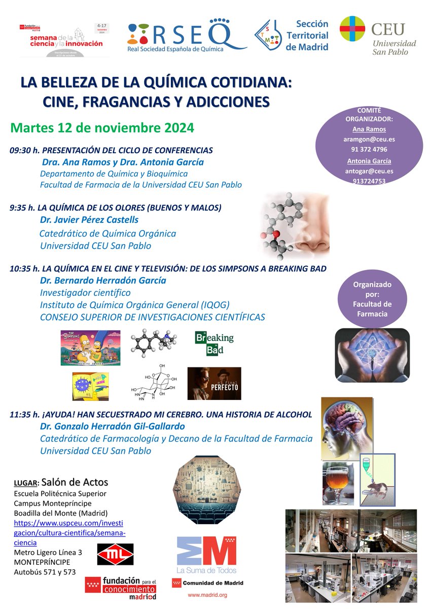 El próximo 12 de noviembre, dentro de la #SemanaDeLaCiencia, el Prof. Gonzalo Herradón (Catedrático de Farmacología de la <a href="/USPCEU/">Universidad CEU San Pablo</a>, Decano de <a href="/FarmaciaCEU/">USPCEUfarmacia</a> y miembro del <a href="/IEA_CEU/">Instituto Universitario Estudios de las Adicciones</a>) dará la charla "¡Ayuda! Han secuestrado mi cerebro. Una historia de alcohol"! <a href="/RIAPAd_info/">RIAPAd</a> <a href="/PNSDgob/">Plan Nacional Sobre Drogas</a>