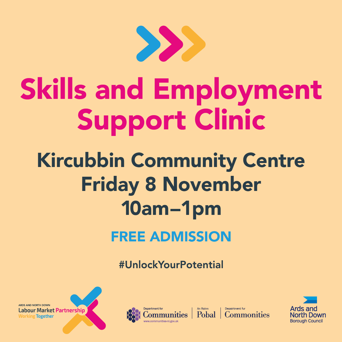 Are you unemployed? On Benefits? 

Join the Labour Market Partnership at a local Skills and Employment Clinic to find out about  opportunities available to you.

Free to attend!
Friday 8 November 2024 : 10am-1pm 
Kircubbin Community Centre, 4 Church Grove, Kircubbin. BT22 2SU