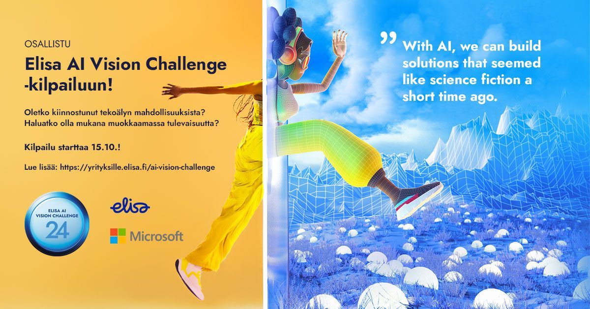 sirteace's tweet photo. Osallistu #Elisa #AI Vision Challengeen! 🚀 

#Tekoäly ei ole vain #teknologiaa – se on #tulevaisuus ja #innovaatiot, jotka muuttavat #asiakaskokemus, asiointia ja työyhteisöjen arkea. Osallistu ennen 10.11.!

https://t.co/PmN7sNEs8e 

#CX #Shirute #Microsoft #CXPAFinland https://t.co/r4TcBEd4FS