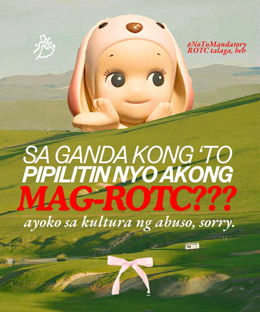 AghamYouth_UPD's tweet photo. NO TO MANDATORY ROTC!  

Ano yun, magsasayang tayo ng sunscreen para sa isang programang nagppromote ng karahasan at militarisasyon?

Sign the Petition Now: https://t.co/IftiIkEis0

#NoToMandatoryROTC
#HandsOffOurYouth
#DefendOurSchools https://t.co/vKl30gUFFy