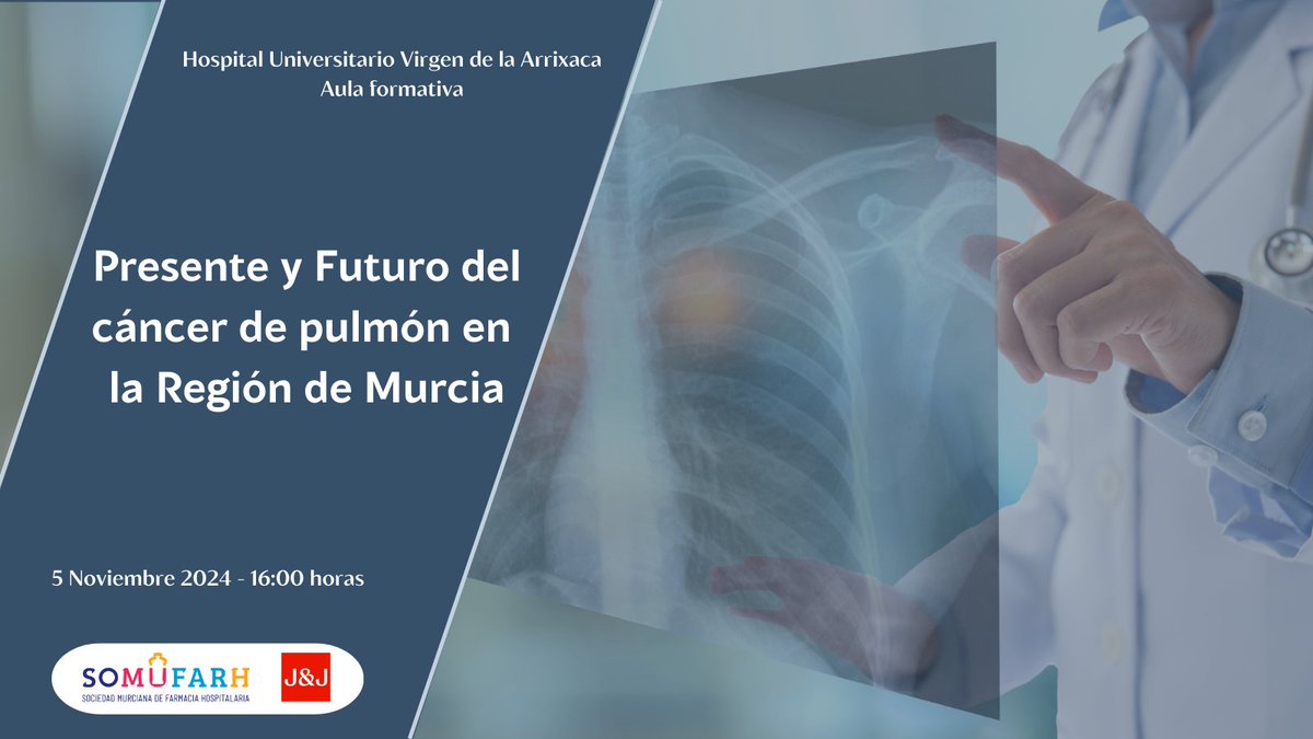 La oncología pasa consulta mañana en una Jornada organizada por <a href="/Somufarh/">SOMUFARH</a>, en colaboración con <a href="/JNJInnovMedES/">J&J Innovative Medicine España</a>, bajo el título:

Presente y Futuro del Cáncer de Pulmón en la Región de Murcia

#CáncerPulmónRM