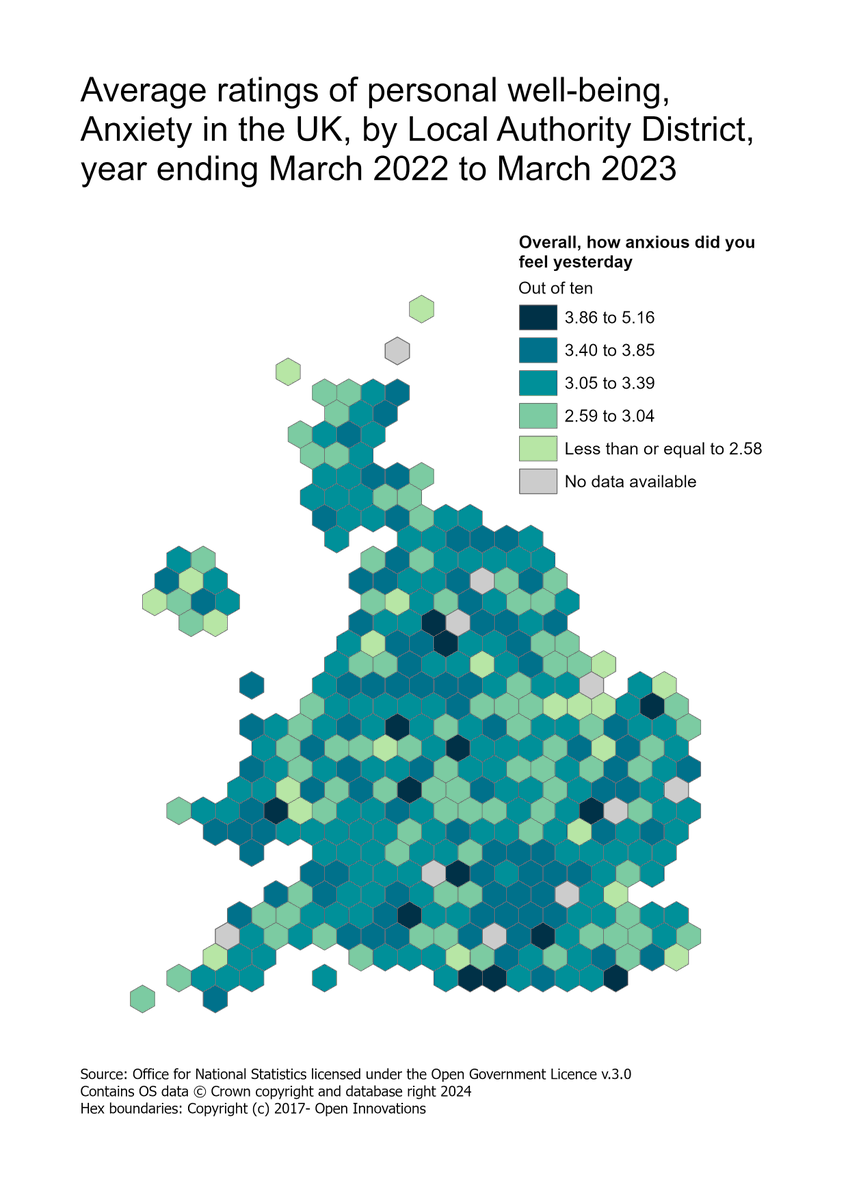 #30DayMapChallenge Day 4: Hexagons.

To acknowledge Movember, this map shows average anxiety ratings for the UK. Personal well-being is assessed through four measures, one of which is "anxiety". 
(continued in the comments below ⬇️)