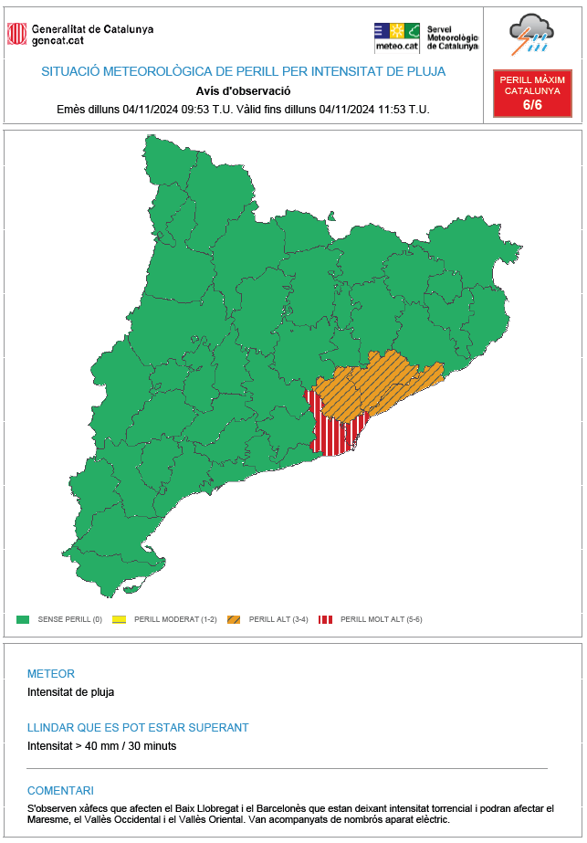 ⚠ El Servei Meteorològic de Catalunya emet avís d'observació per intensitat de pluja (#avisosSMP) ⚠

➡ Més de 40 mm en 30 minuts.
➡ Comarques: el Baix Llobregat, el Barcelonès, el Vallès Occidental, el Vallès Oriental i el Maresme.