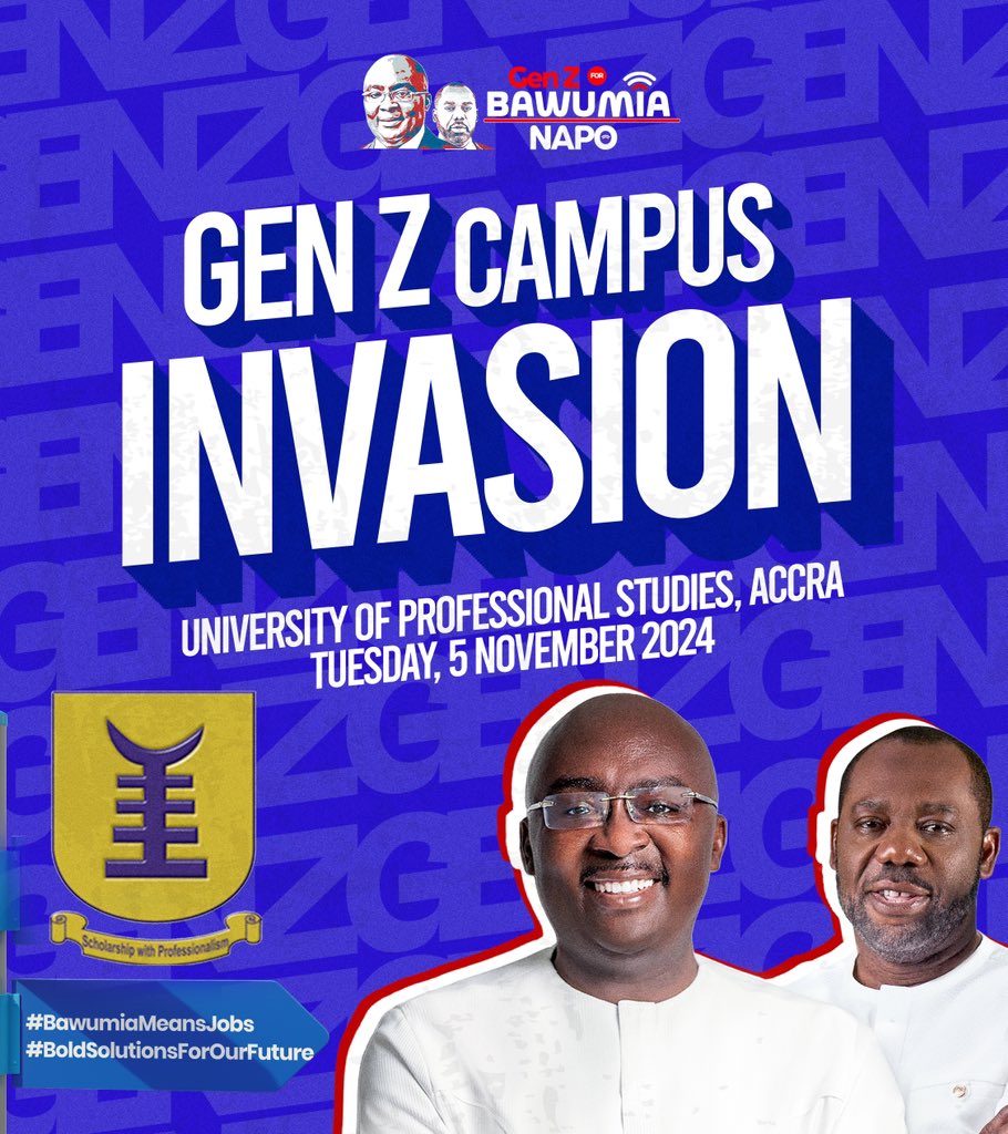 GenZForBawumia's tweet image. We’re kicking off our ❞𝗚𝗲𝗻 𝗭 𝗖𝗮𝗺𝗽𝘂𝘀 𝗜𝗻𝘃𝗮𝘀𝗶𝗼𝗻❞  this Tuesday at 🎯UPSA! 
⚡️We’re focused on educating our peers on the importance of voting Dr. @MBawumia on Dec 7. 
  🗳️Let’s make a difference together! 

#VoteBawumia #BoldSolutionsForOurFurture 
#GenZVotes🧞‍♂️