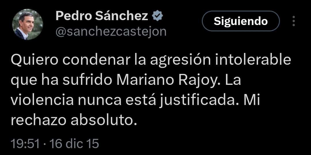 El señor Feijóo todavía no ha condenado la agresión a Pedro Sánchez. Ayuso tampoco. Nadie del PP, no he visto ni a diputados ni a senadores. 

Legitiman el fascismo y la violencia. 

El PP ya no es un partido de Estado.