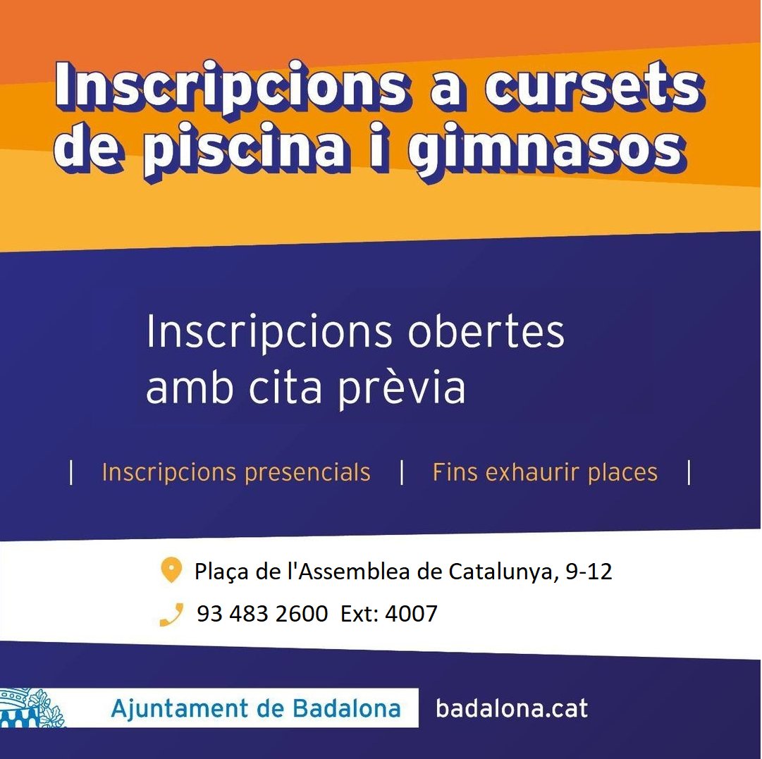 Ja podeu sol•licitar la "cita prèvia" per iniciar els tràmits d'inscripció presencial, als cursets de piscina 🏊‍♂️ i gimnasos municipals ⛹🏻‍♂️.

Passos a seguir:
1r) Cal demanar "cita prèvia"
2n) Presentar-se el dia de la cita i tramitar la inscripció amb la documentació requerida.