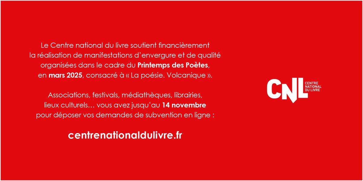 Aide à la réalisation d’une manifestation poétique d’envergure et de qualité, dans le cadre du Printemps des Poètes, en mars 2025.
Plus d’informations sur le site du CNL.