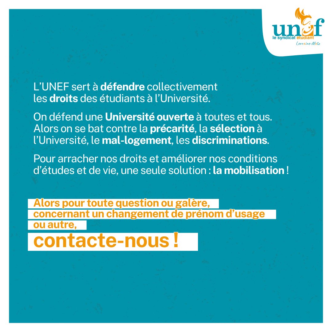 unef_metz's tweet image. 🏳️‍⚧️ Guide pour changer de prénom d'usage à la fac, même sans en avoir changé à l'état civil : sur la carte étudiante, les listes d'appel, l'ENT...

Un problème ? Une question ? Contacte ton syndicat !
#metz #université #étudiant