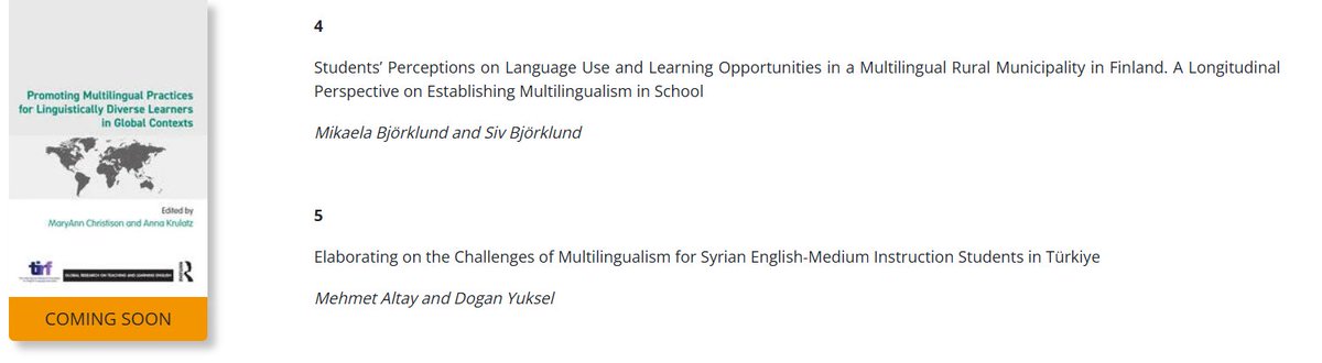 Happy to share our chapter (w/<a href="/Mehmet_Altay_41/">Mehmet_Altay</a>) on the challenges of multilingualism for Syrian EMI students in Türkiye to be published soon in 'Promoting Multilingual Practices for Linguistically Diverse Learners in Global Contexts' edited by MaryAnn Christison and Anna Krulatz.