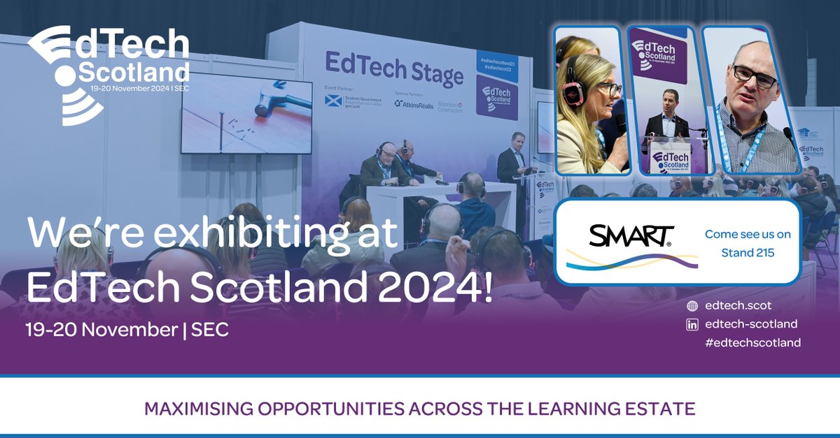SMART_Tech's tweet image. We&apos;re looking forward to at connecting with you at #EdTechScotland 2024! Get hands on with our latest interactive products and experience what makes SMART different.

Will we see you there? Stop by Stand 215 and say hi! 
#EdTech #InteractiveTech