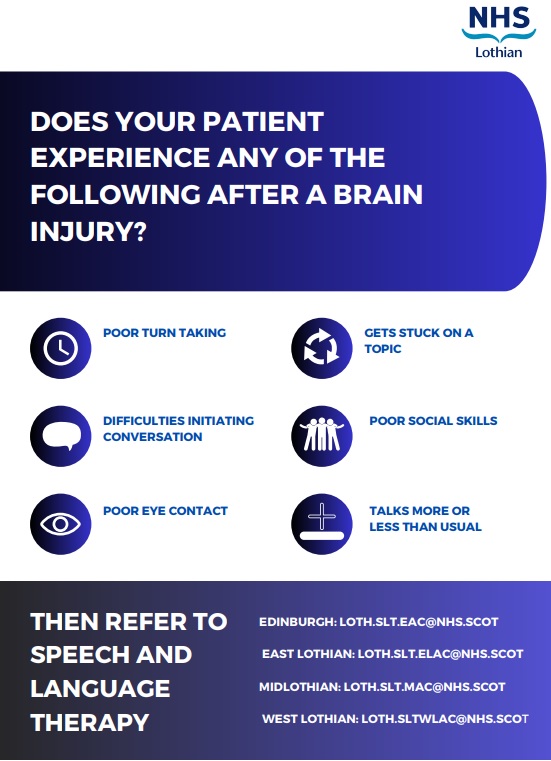 Our #CognitiveCommunicationDisorder Working Group have put together this brilliant poster to help health professionals recognise features of CCD and refer patients to #SLT for support.

#cogcomm
#braininjury