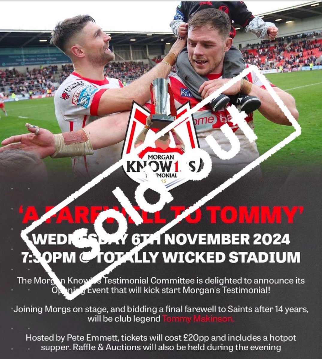 Opening Event Reminder

Farewell to Tommy
📍 Totally Wicked Stadium
🗓️ Wednesday 6th November
⏰ 7pm Doors for 7.30pm start
🎤 Pete Emmett
💳 Bar is Cashless
🎟️ Raffle &amp; Auction (Cash preferred or Card)