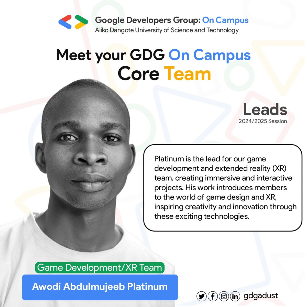 GDG_Adustech's tweet photo. Meet Awodi Abdulmujeeb Platinum
#MeetOurCoreTeamLead
#Goog https://t.co/L9asRM5hf1